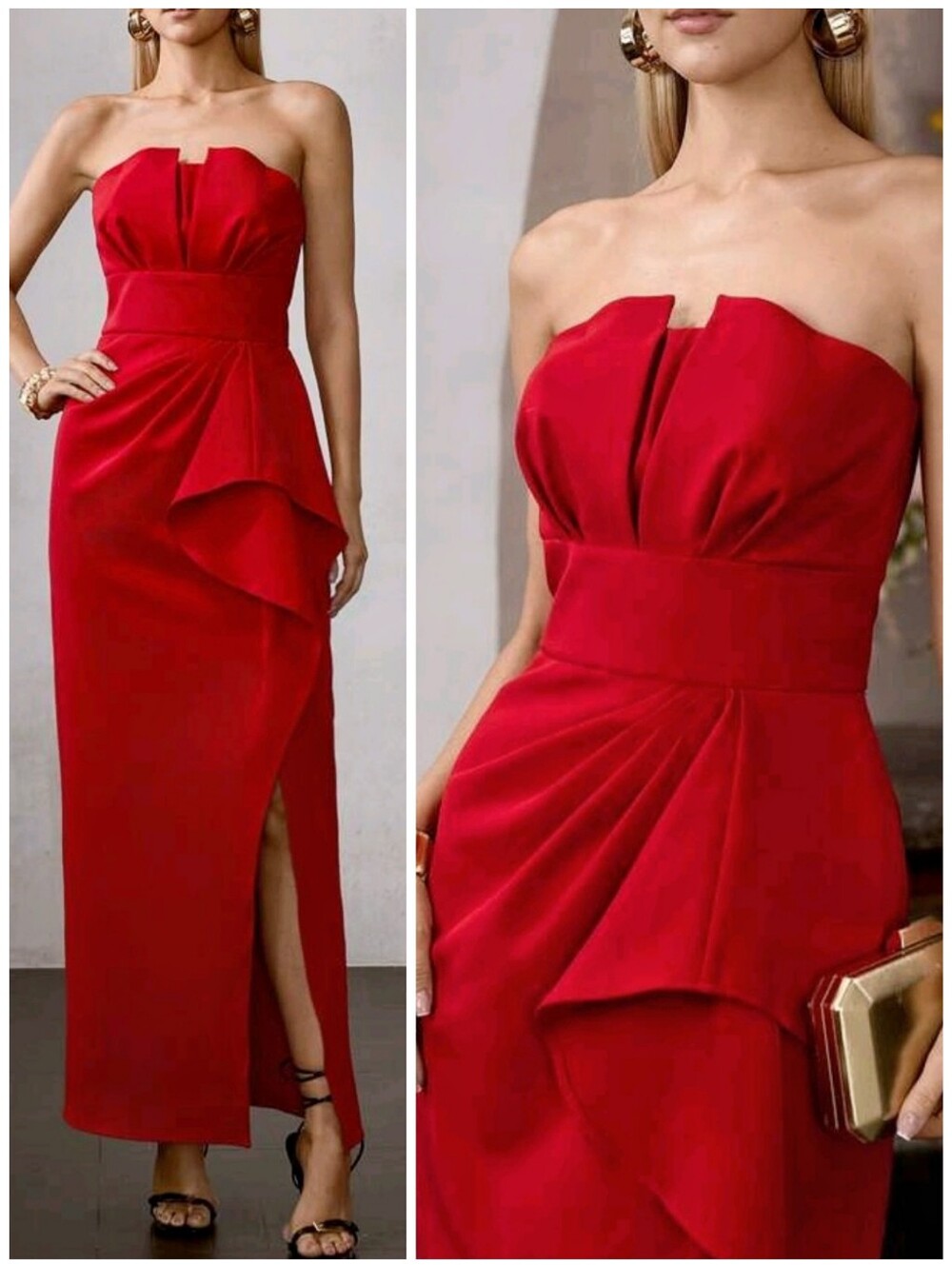 New Luxe Notched Strapless Wrap Maxi Dress Red